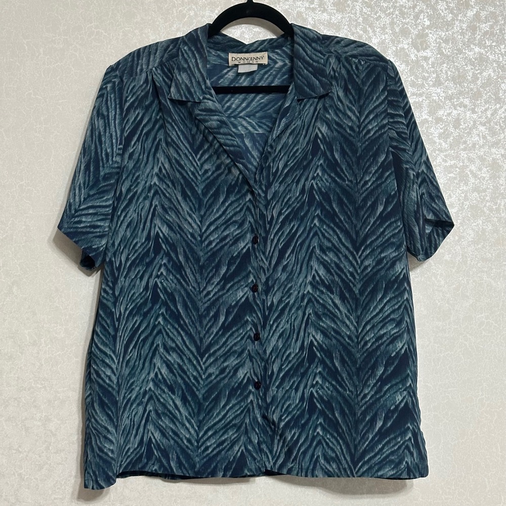 Donnkenny Woman Abstract Chevron Zebra Button Down Shirt Blue Grey Retro 2X